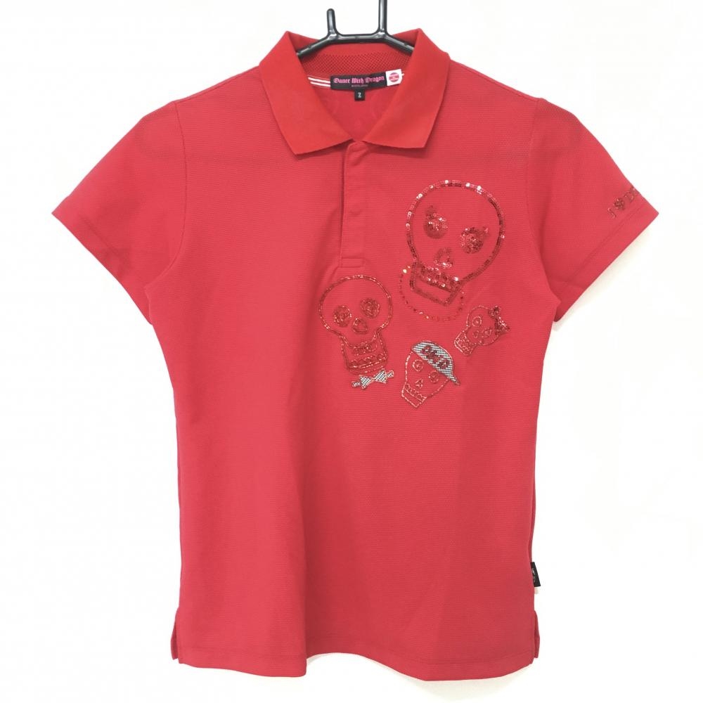 ダンスウィズドラゴン 半袖ポロシャツ レッド スカル 背面総柄 スパンコール  レディース 2(M) ゴルフウェア Dance With Dragon