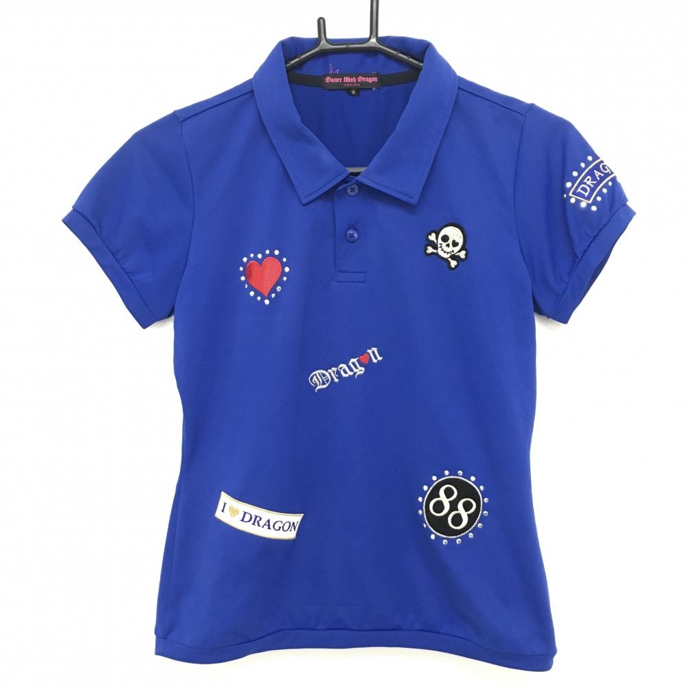 【美品】ダンスウィズドラゴン 半袖ポロシャツ ブルー×グレー スカル 刺しゅう柄  レディース 2(M) ゴルフウェア Dance With Dragon