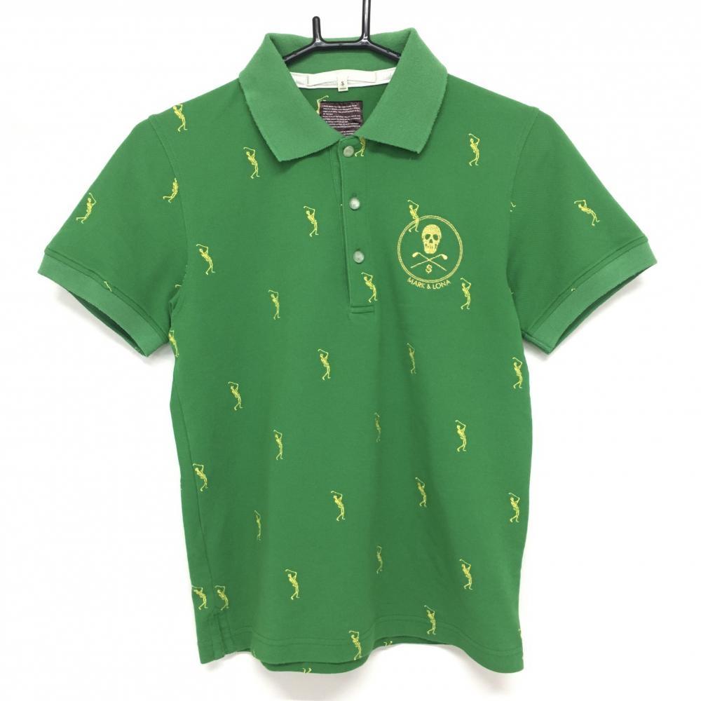 【美品】ダンスウィズドラゴン 半袖ポロシャツ グリーン×イエロー スカル刺しゅう柄  レディース S ゴルフウェア Dance With Dragon