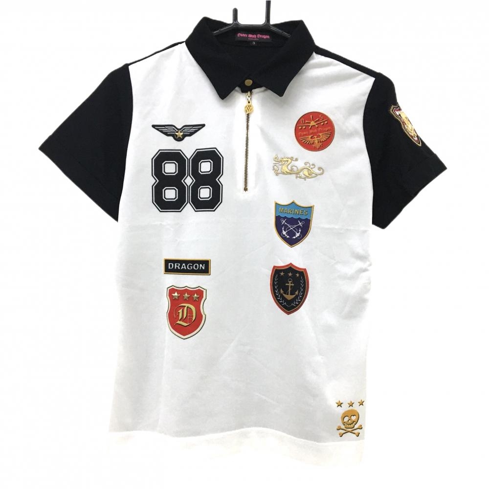 【超美品】ダンスウィズドラゴン 半袖ポロシャツ 白×黒 レディース 3(L) ゴルフウェア Dance With Dragon