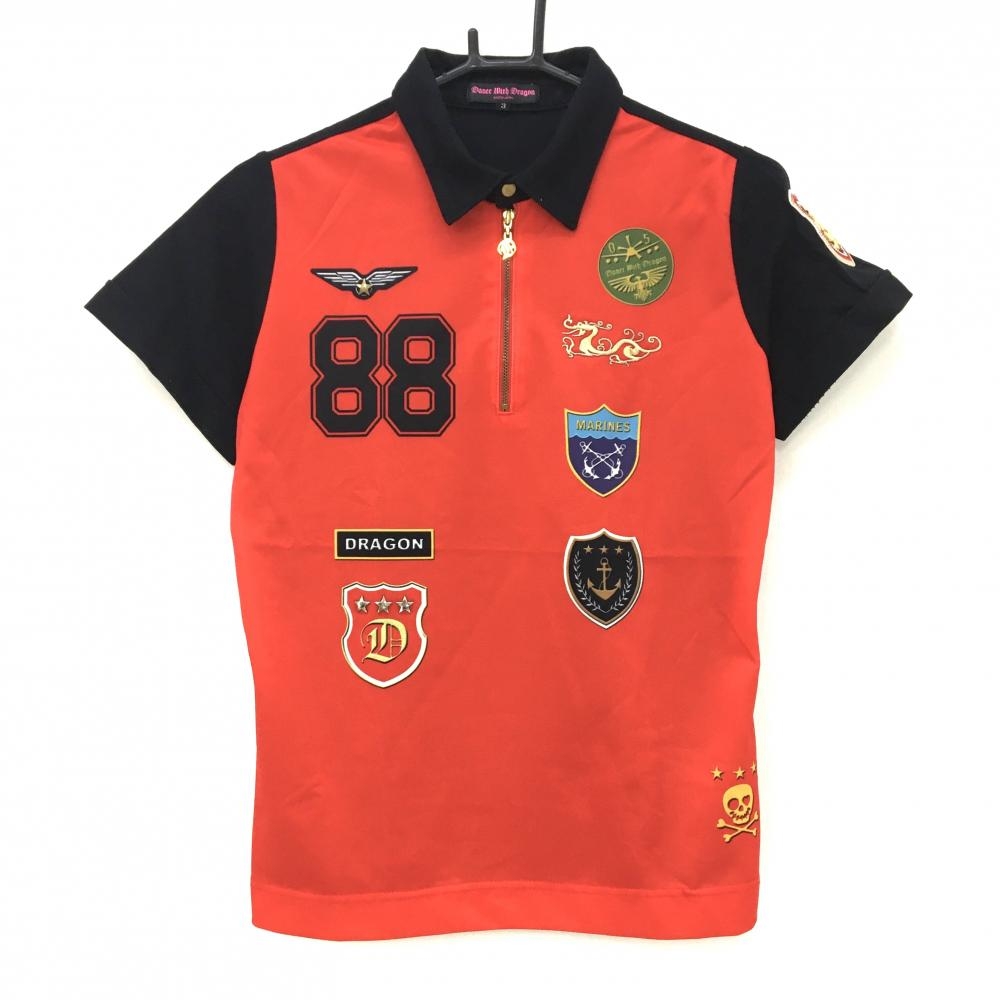 ダンスウィズドラゴン 半袖ポロシャツ レッド×黒 複数ワッペンプリント ハーフジップ  レディース 3(L) ゴルフウェア Dance With Dragon