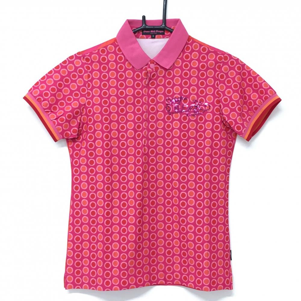 【超美品】ダンスウィズドラゴン 半袖ポロシャツ ピンク×レッド 前面ドット  レディース 2(M) ゴルフウェア Dance With Dragon