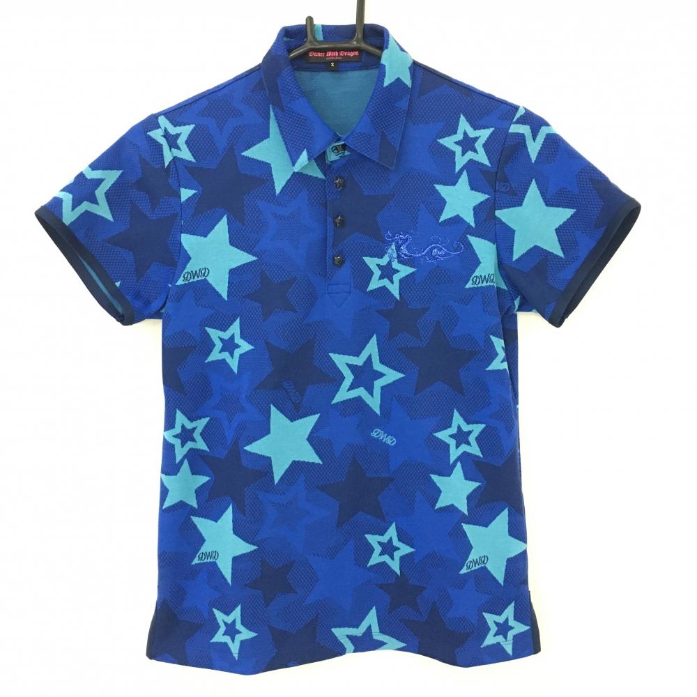 【美品】ダンスウィズドラゴン 半袖ポロシャツ ブルー×ライトブルー 星柄  レディース 2(M) ゴルフウェア Dance With Dragon