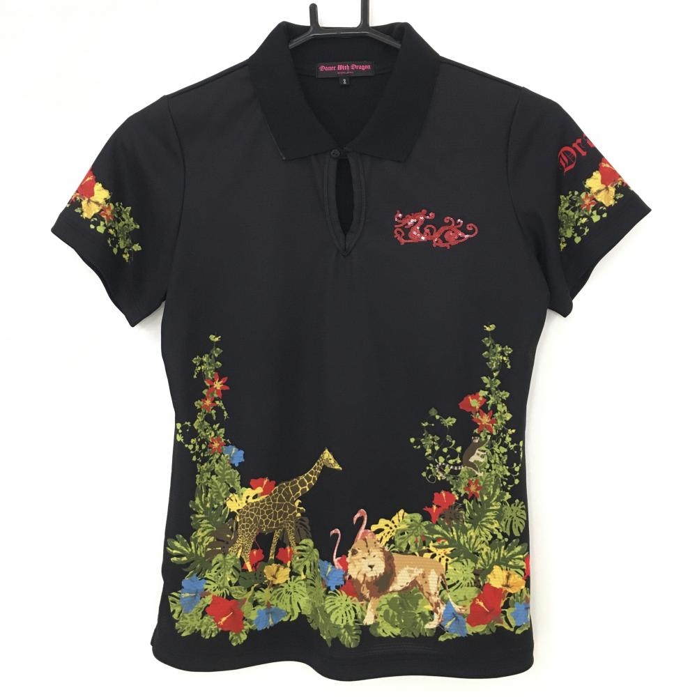 【美品】ダンスウィズドラゴン 半袖スキッパーシャツ 黒×マルチ 裾袖アニマル  レディース 2(M) ゴルフウェア Dance With Dragon