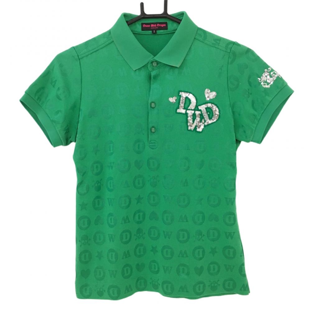 ダンスウィズドラゴン 半袖ポロシャツ グリーン ロゴ織生地 スパンコールロゴ  レディース 2(M) ゴルフウェア Dance With Dragon