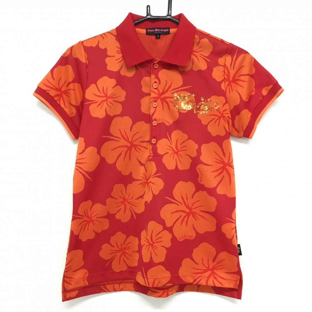 【美品】ダンスウィズドラゴン 半袖ポロシャツ レッド×オレンジ ハイビスカス柄  レディース 2(M) ゴルフウェア Dance With Dragon