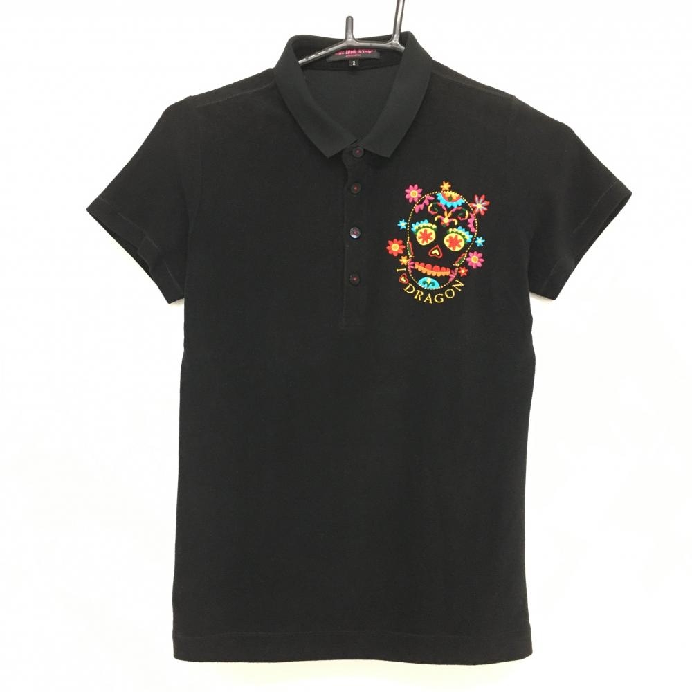 ダンスウィズドラゴン 半袖ポロシャツ 黒 パイル地 花模様スカル  レディース 2(M) ゴルフウェア Dance With Dragon