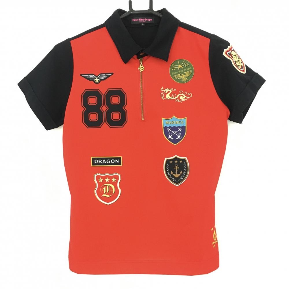 ダンスウィズドラゴン 半袖ポロシャツ レッド×黒 ハーフジップ 複数ワッペン風  レディース 2(M) ゴルフウェア Dance With Dragon