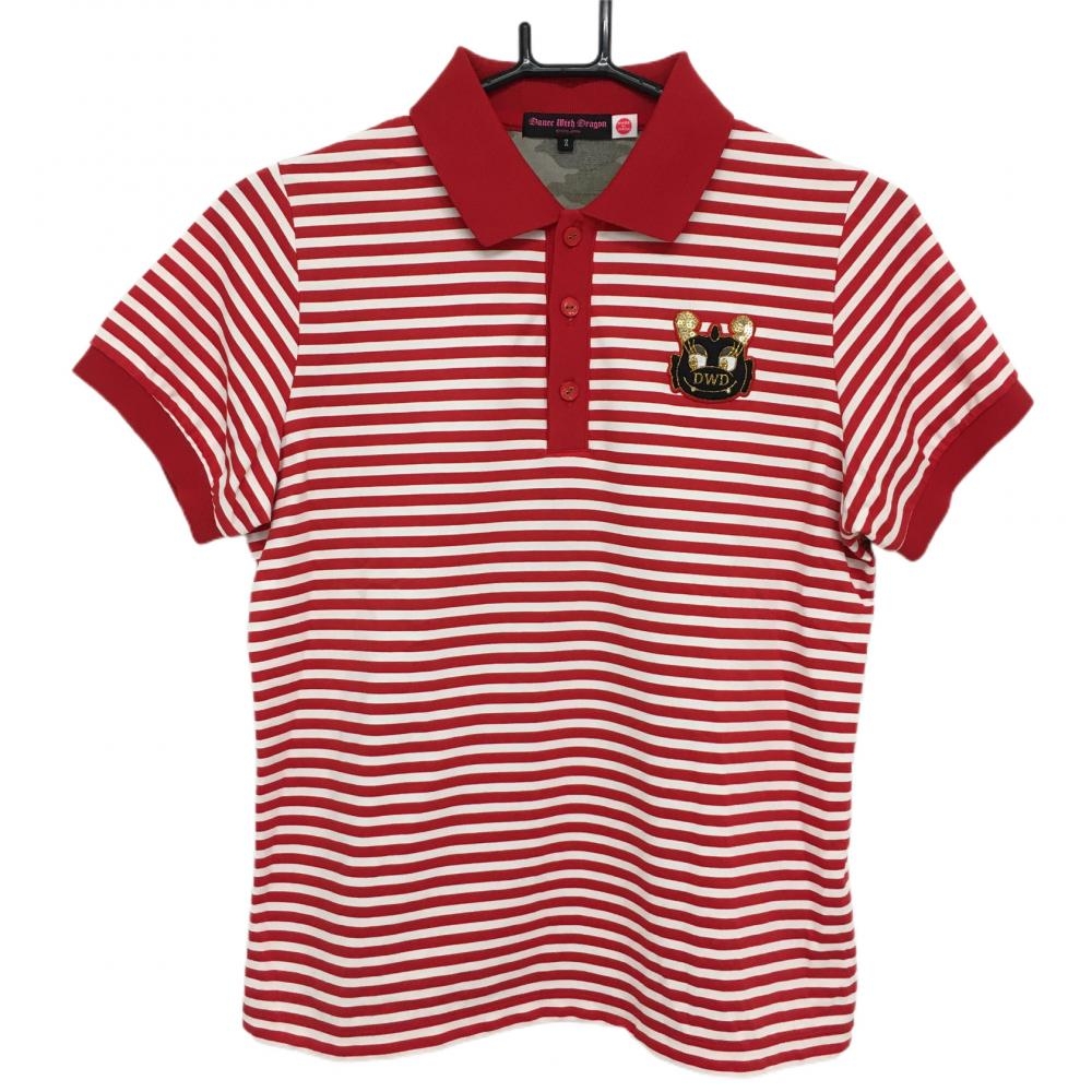 【超美品】ダンスウィズドラゴン 半袖ポロシャツ レッド×白×カーキ 前面ボーダー  レディース 2(M) ゴルフウェア Dance With Dragon