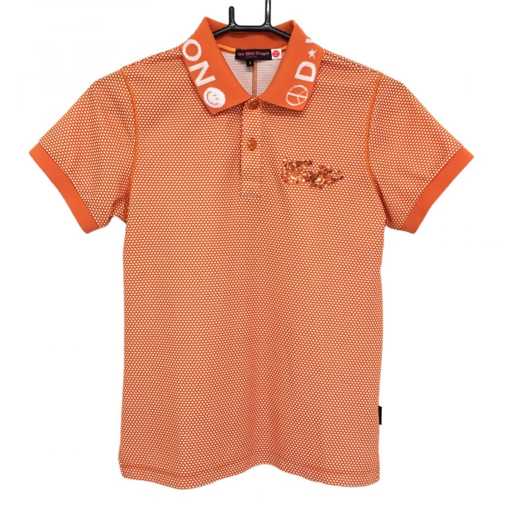 【超美品】ダンスウィズドラゴン 半袖ポロシャツ オレンジ×白 ドット 襟ロゴ レディース 2(M) ゴルフウェア Dance With Dragon