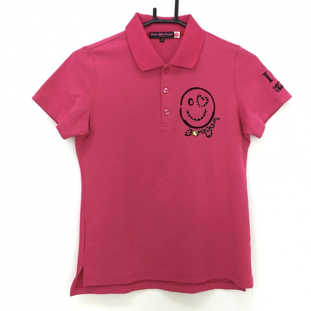 【美品】ダンスウィズドラゴン 半袖ポロシャツ ピンク スマイル ニコちゃん  レディース 2(M) ゴルフウェア Dance With Dragon