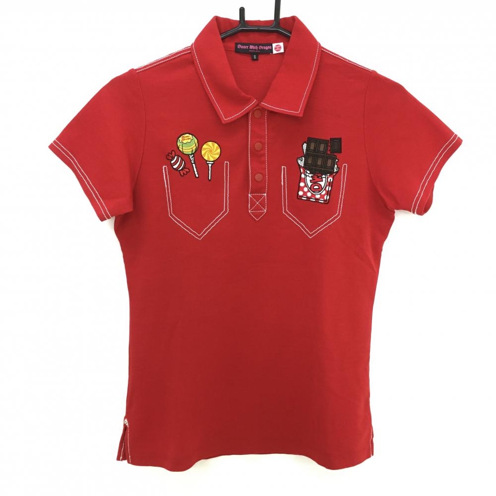 【美品】ダンスウィズドラゴン 半袖ポロシャツ レッド×白 チュッパチャップス   レディース 2(M) ゴルフウェア Dance With Dragon