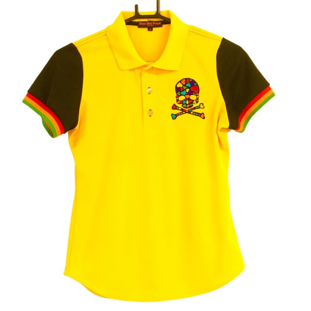 【美品】ダンスウィズドラゴン 半袖ポロシャツ イエロー×黒 ハート柄スカル  レディース 2(M) ゴルフウェア Dance With Dragon