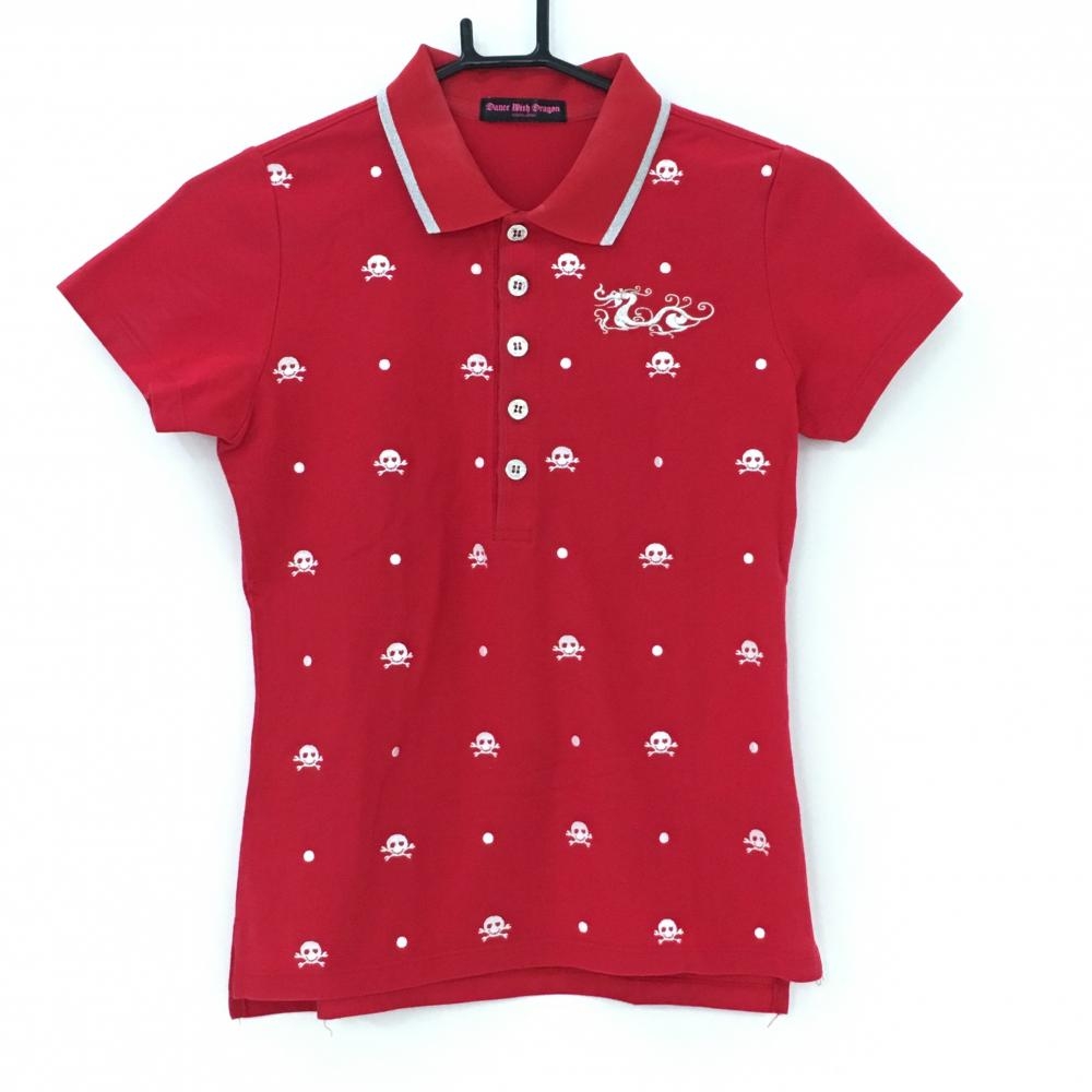 ダンスウィズドラゴン 半袖ポロシャツ レッド×白 スカル ドット 刺しゅう柄  レディース 2(M) ゴルフウェア Dance With Dragon