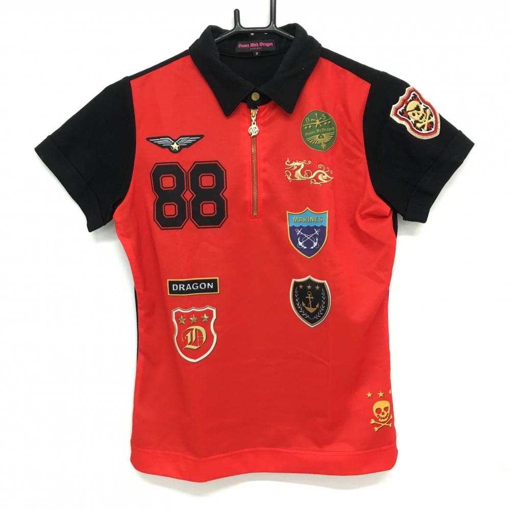 ダンスウィズドラゴン 半袖ポロシャツ レッド×黒 ハーフジップ 星 スカル刺しゅう レディース 2(M) ゴルフウェア Dance With Dragon