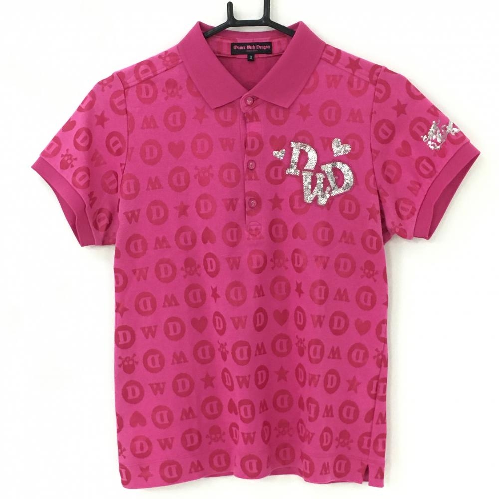 ダンスウィズドラゴン 半袖ポロシャツ ピンク 地模様 スパンコール レディース 3(L) ゴルフウェア Dance With Dragon