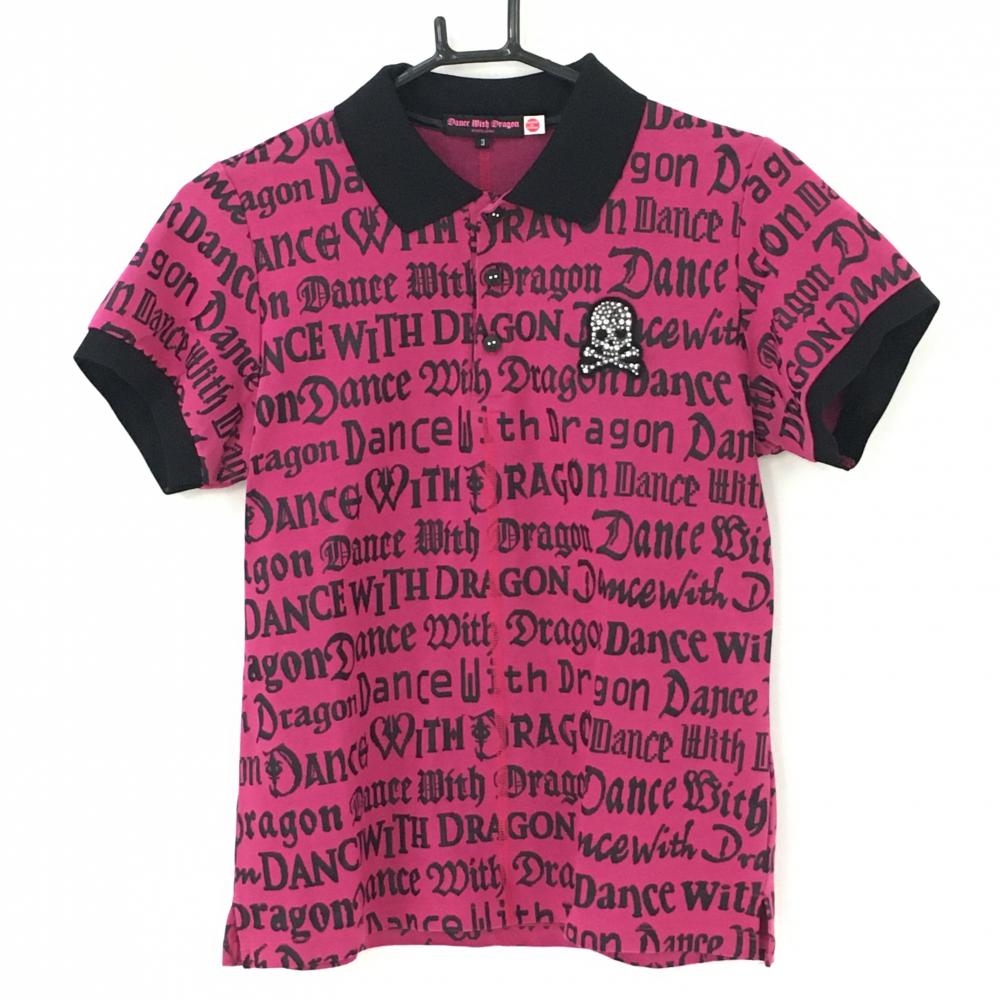 ダンスウィズドラゴン 半袖ポロシャツ ピンク×黒 ロゴ総柄 スカル レディース 3(L) ゴルフウェア Dance With Dragon