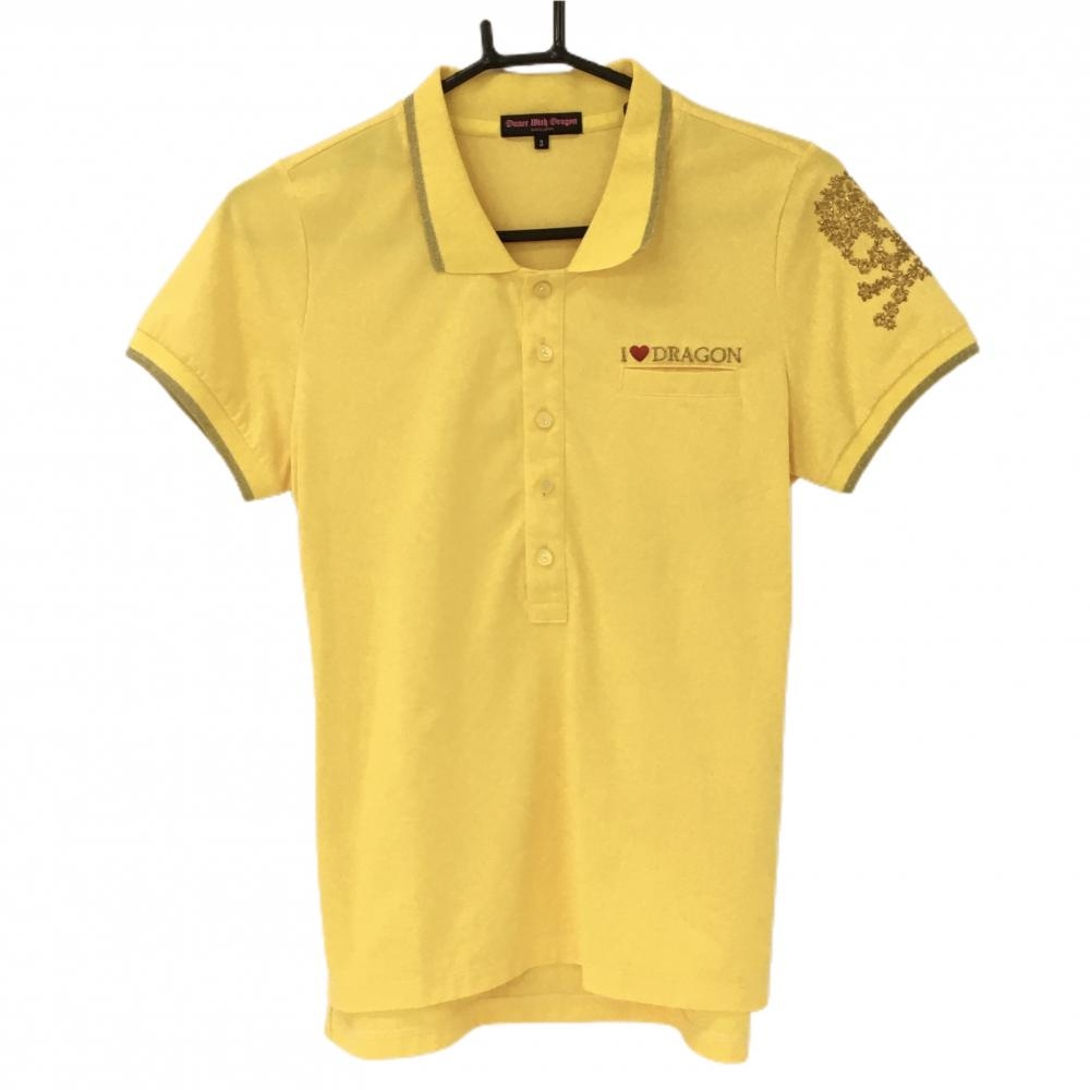 【超美品】ダンスウィズドラゴン 半袖ポロシャツ イエロー 袖花刺しゅう レディース 3(L) ゴルフウェア Dance With Dragon