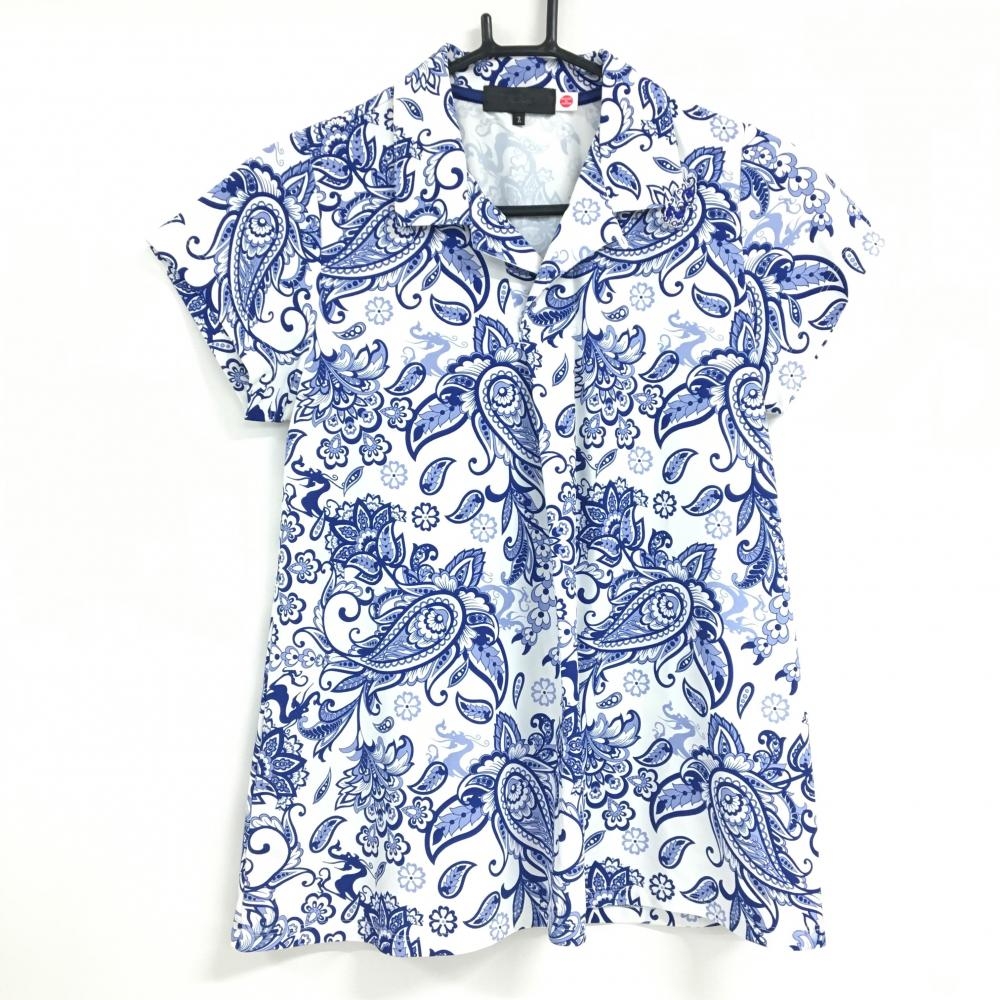 【美品】ダンスウィズドラゴン 半袖ポロシャツ ブルー×白 ペイズリー  レディース 2(M) ゴルフウェア Dance With Dragon