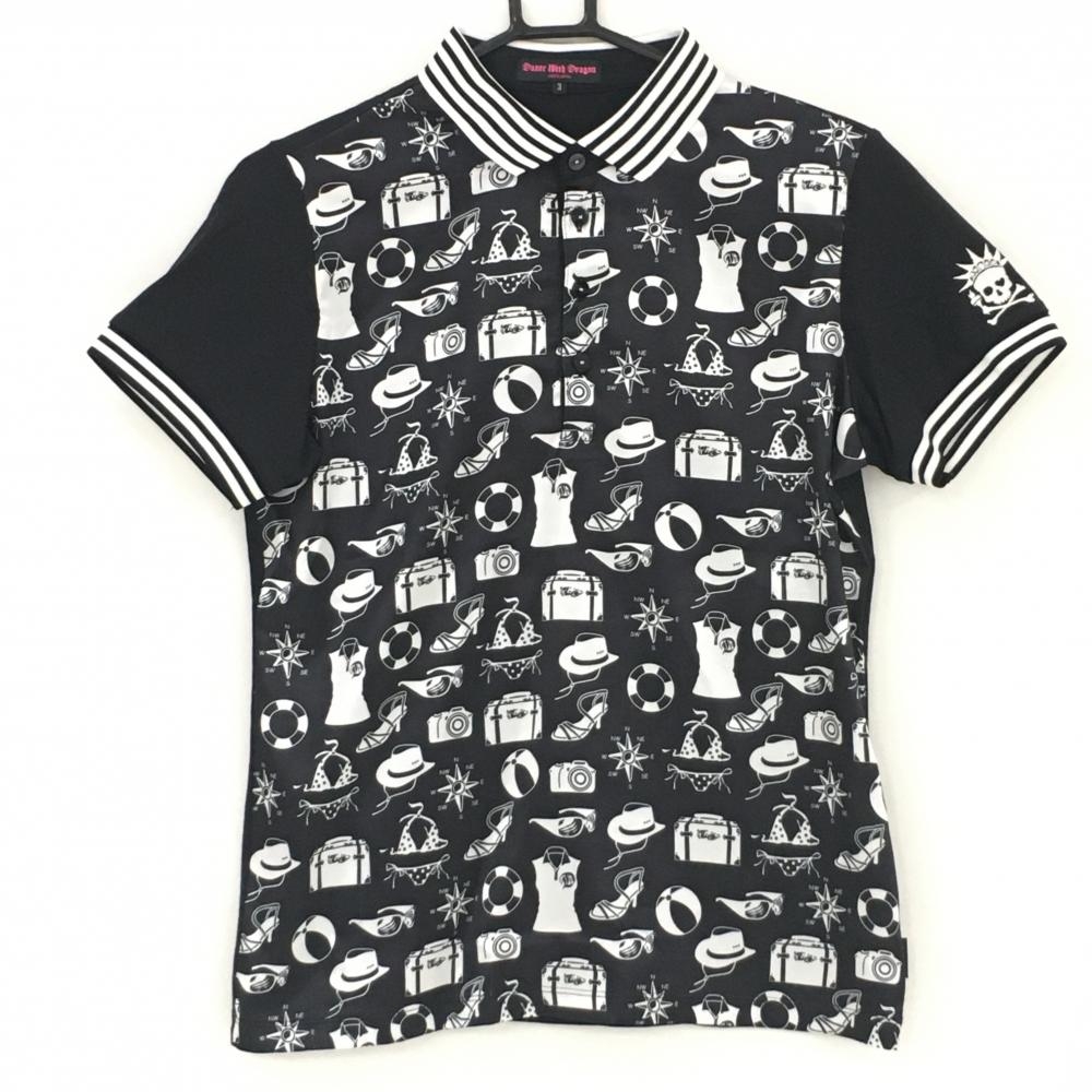 【美品】ダンスウィズドラゴン 半袖ポロシャツ 黒×白 前面総柄 スカル ラインストーン レディース 3(L) ゴルフウェア Dance With Dragon