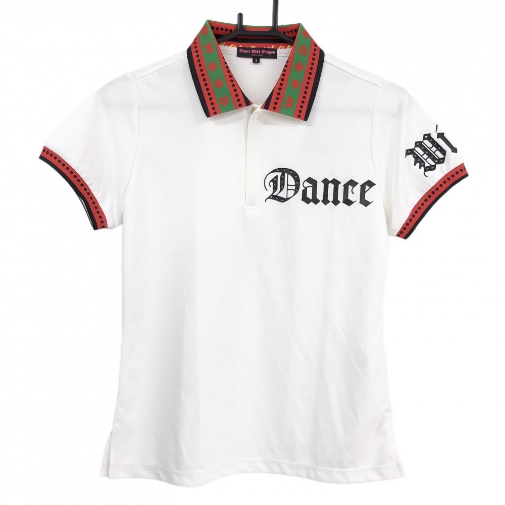 ダンスウィズドラゴン 半袖ポロシャツ 白×レッド×黒 襟袖口ドット ハーフジップ レディース 2(M) ゴルフウェア Dance With Dragon