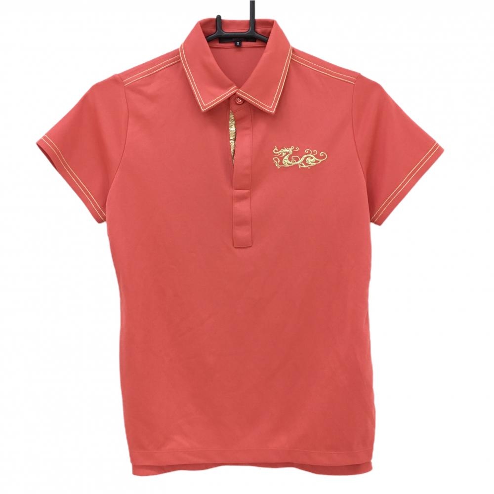 【美品】ダンスウィズドラゴン 半袖ポロシャツ レッド 後ろスパンコールロゴ レディース 2(M) ゴルフウェア Dance With Dragon