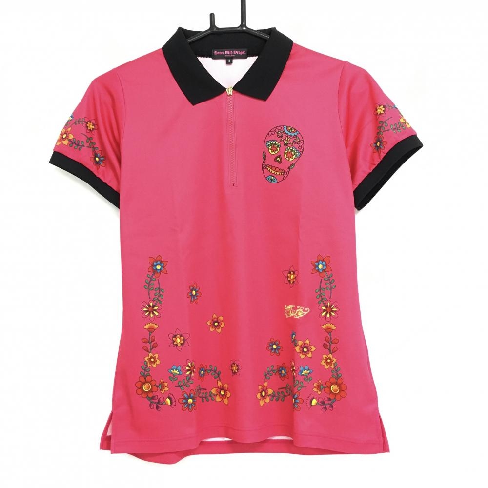 【超美品】ダンスウィズドラゴン 半袖ポロシャツ ピンク×マルチ 裾袖花柄 スカル レディース 3(L) ゴルフウェア Dance With Dragon