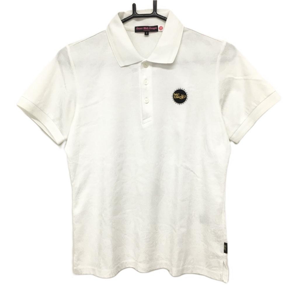 ダンスウィズドラゴン 半袖ポロシャツ 白 総柄織生地 ラインストーン  レディース 3(L) ゴルフウェア Dance With Dragon