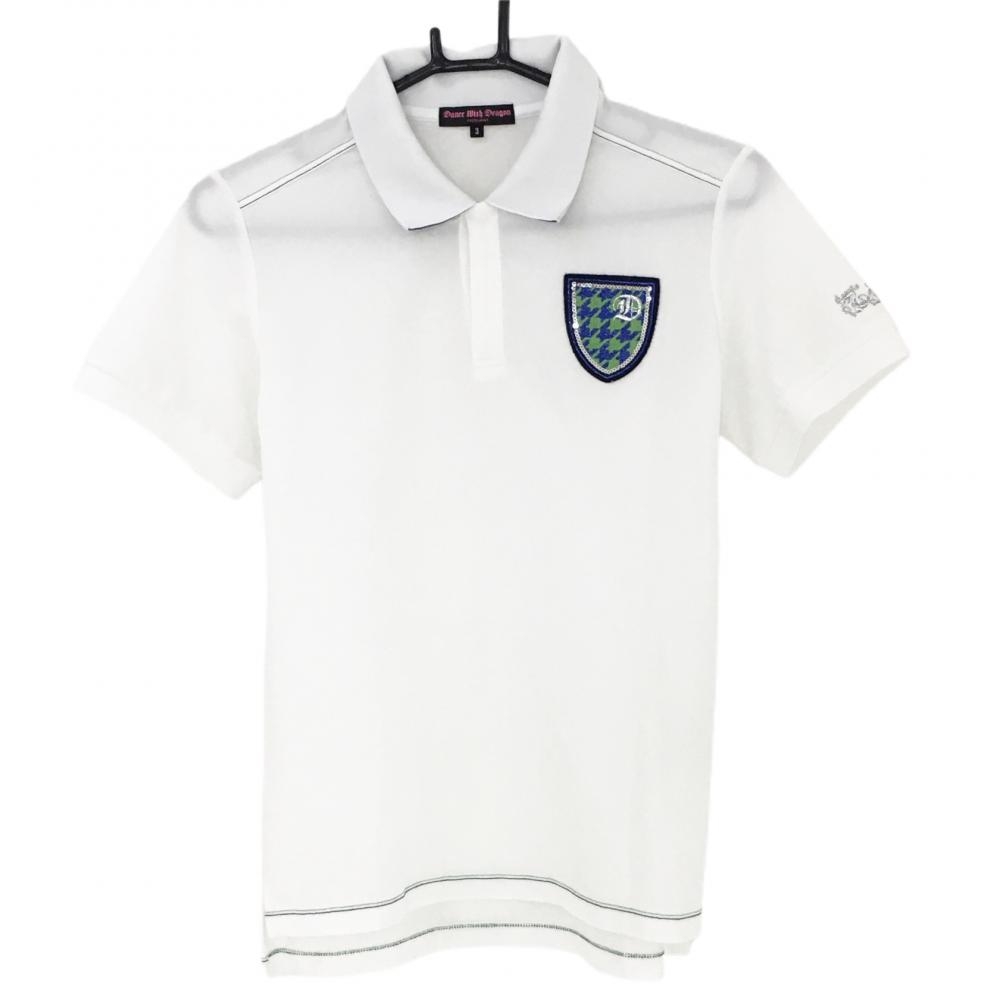 【超美品】ダンスウィズドラゴン 半袖ポロシャツ 白×グリーン×ネイビー  レディース 3(Ｌ) ゴルフウェア Dance With Dragon