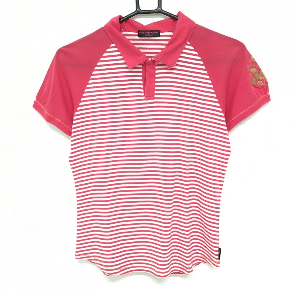 【美品】ダンスウィズドラゴン 半袖ポロシャツ ピンク×白 身頃ボーダー ラメ糸 レディース 3(Ｌ) ゴルフウェア Dance With Dragon