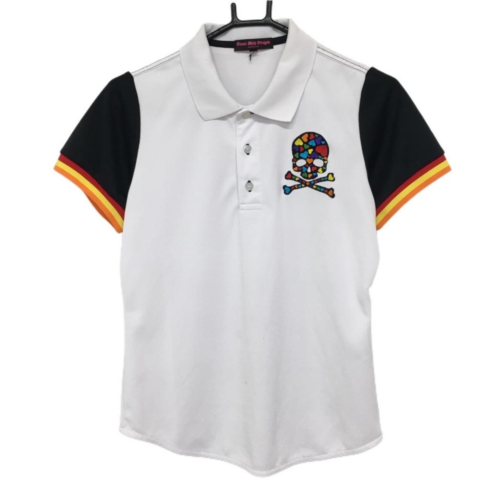 ダンスウィズドラゴン 半袖ポロシャツ 白×黒 スカル刺しゅう ハート レディース 3(L) ゴルフウェア Dance With Dragon