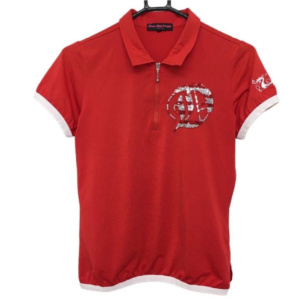 【美品】ダンスウィズドラゴン 半袖ポロシャツ レッド スパンコール ハーフジップ レディース 2(M) ゴルフウェア Dance With Dragon