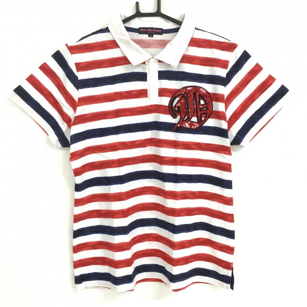 【超美品】ダンスウィズドラゴン 半袖ポロシャツ 白×レッド×ネイビー  レディース 4(ＸＬ) ゴルフウェア Dance With Dragon