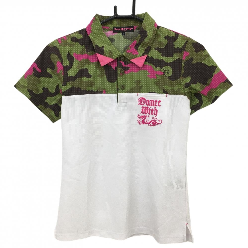 【美品】ダンスウィズドラゴン 半袖ポロシャツ カーキ×白 上部カモフラ 迷彩 レディース 2(M) ゴルフウェア Dance With Dragon