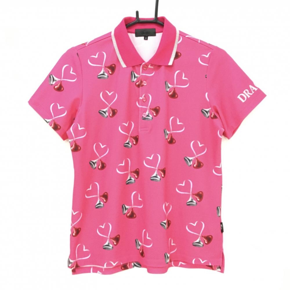 【美品】ダンスウィズドラゴン 半袖ポロシャツ ピンク×レッド 総柄 レディース 3(L) ゴルフウェア Dance With Dragon