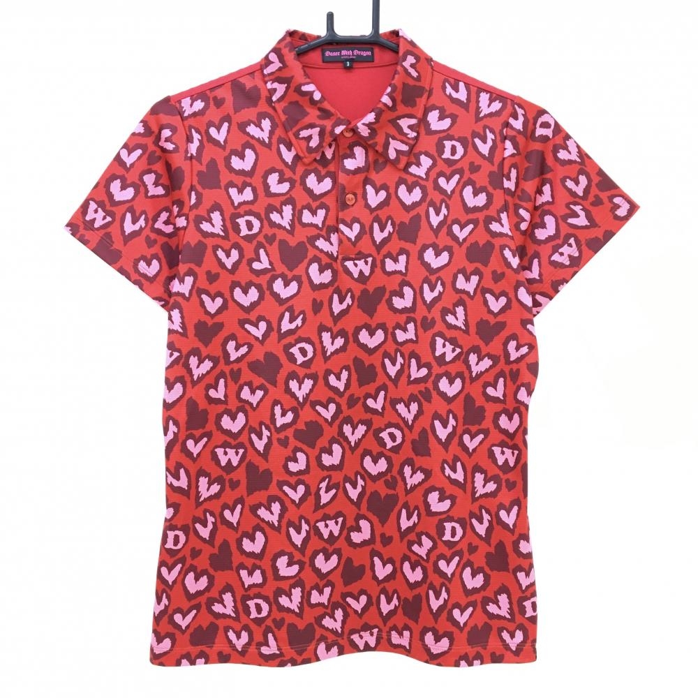 【超美品】ダンスウィズドラゴン 半袖ポロシャツ レッド×ピンク ハート柄 レディース 3(L) ゴルフウェア Dance With Dragon