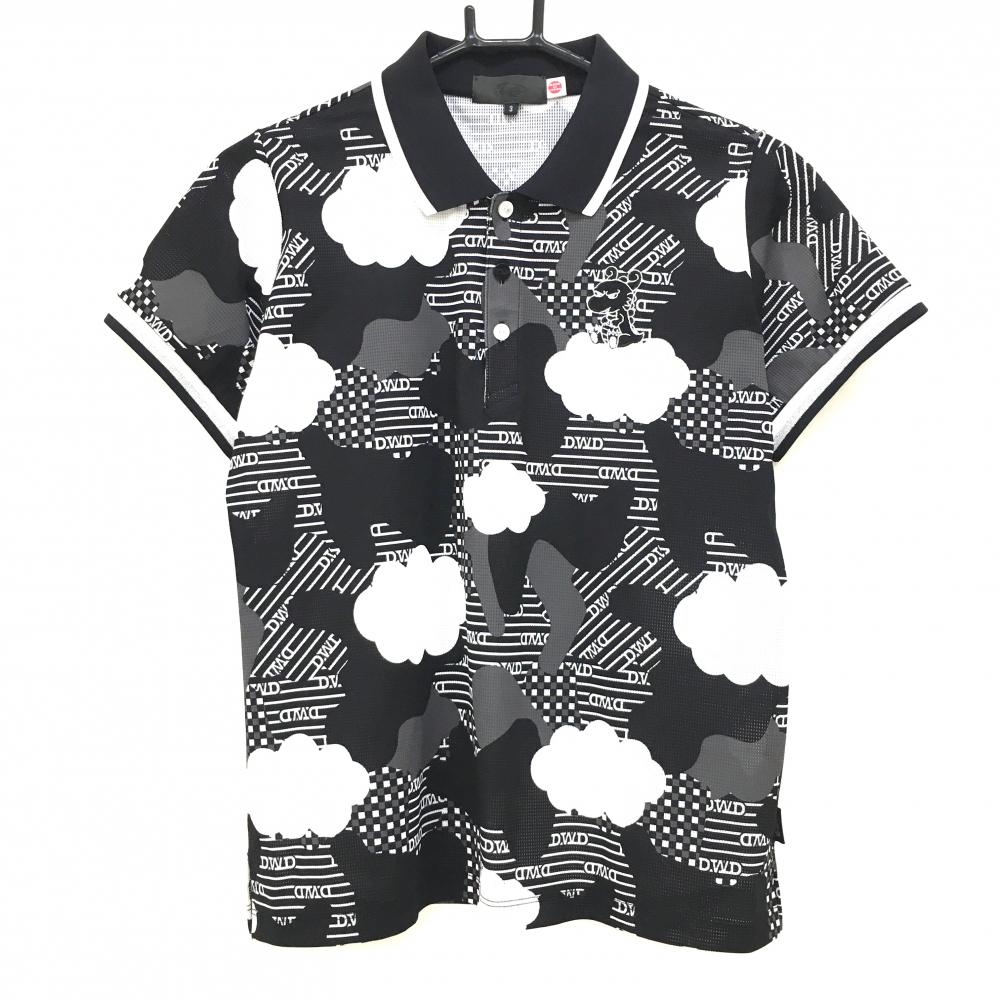 【超美品】ダンスウィズドラゴン 半袖ポロシャツ 黒×白 総柄 チビドラ レディース 3(L) ゴルフウェア Dance With Dragon