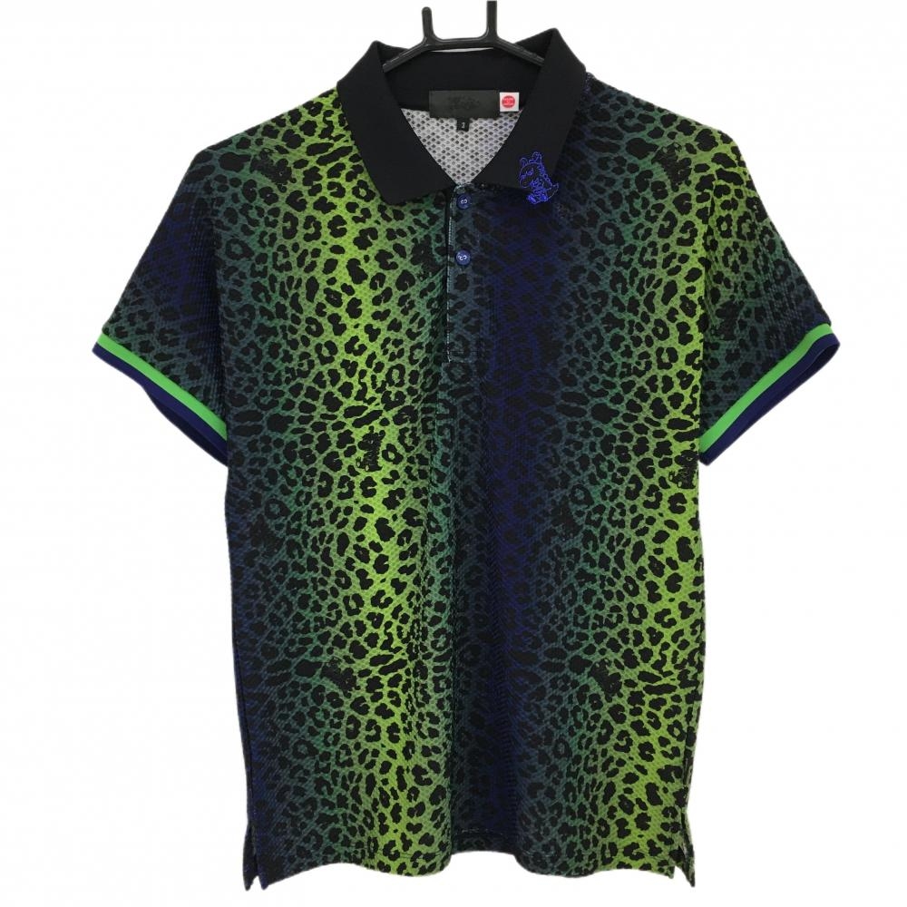 【美品】ダンスウィズドラゴン 半袖ポロシャツ 黒×ブルー×グリーン レオパード レディース 3(L) ゴルフウェア Dance With Dragon