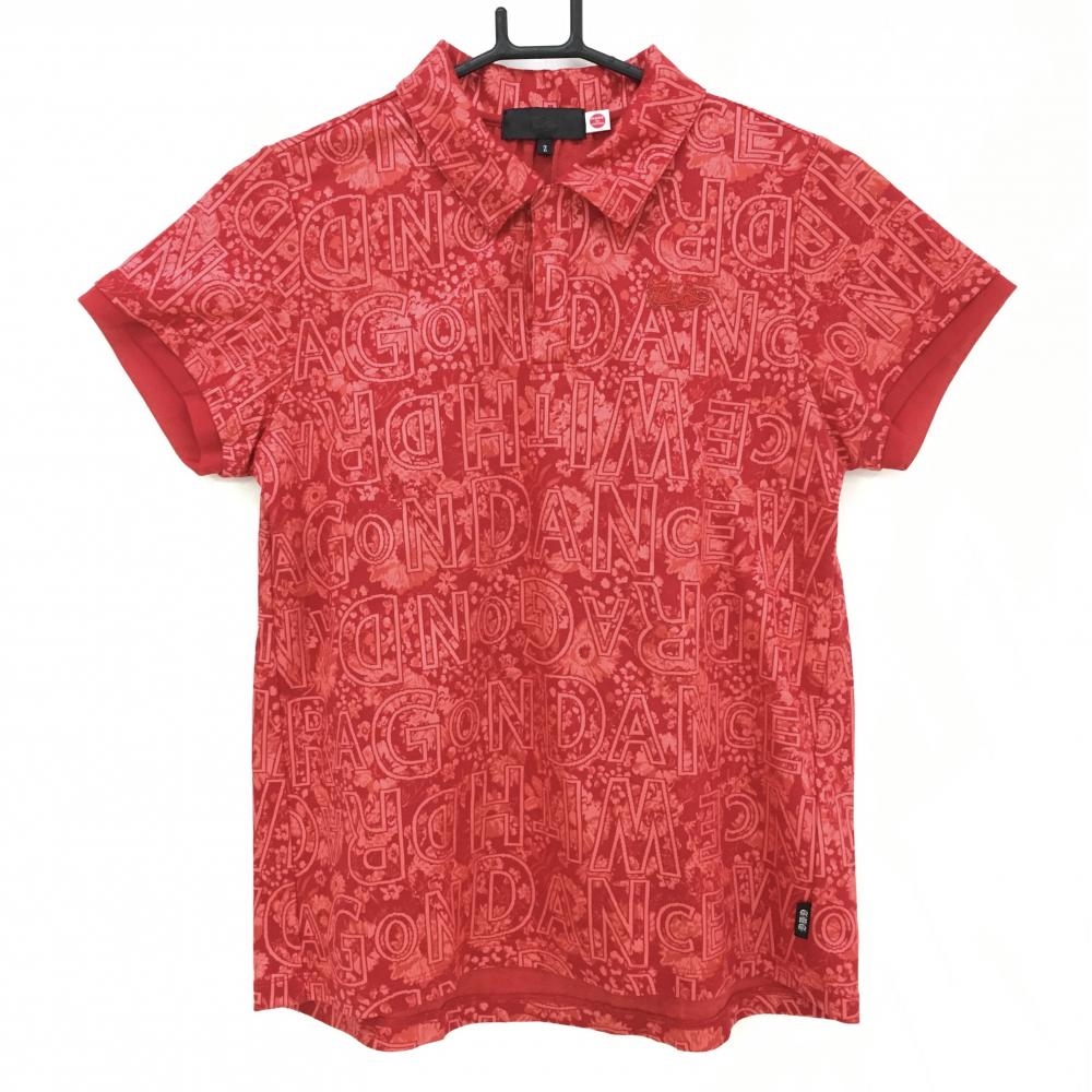 【超美品】ダンスウィズドラゴン 半袖ポロシャツ レッド ロゴ織生地 レディース 2(M) ゴルフウェア Dance With Dragon