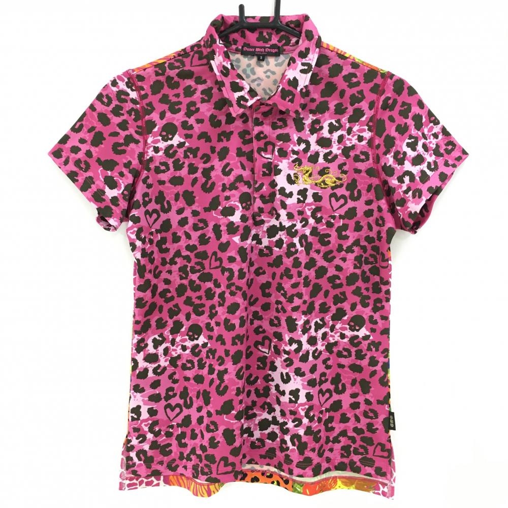 【美品】ダンスウィズドラゴン 半袖ポロシャツ ピンク×黒 レオパード スカル レディース 3(L) ゴルフウェア Dance With Dragon