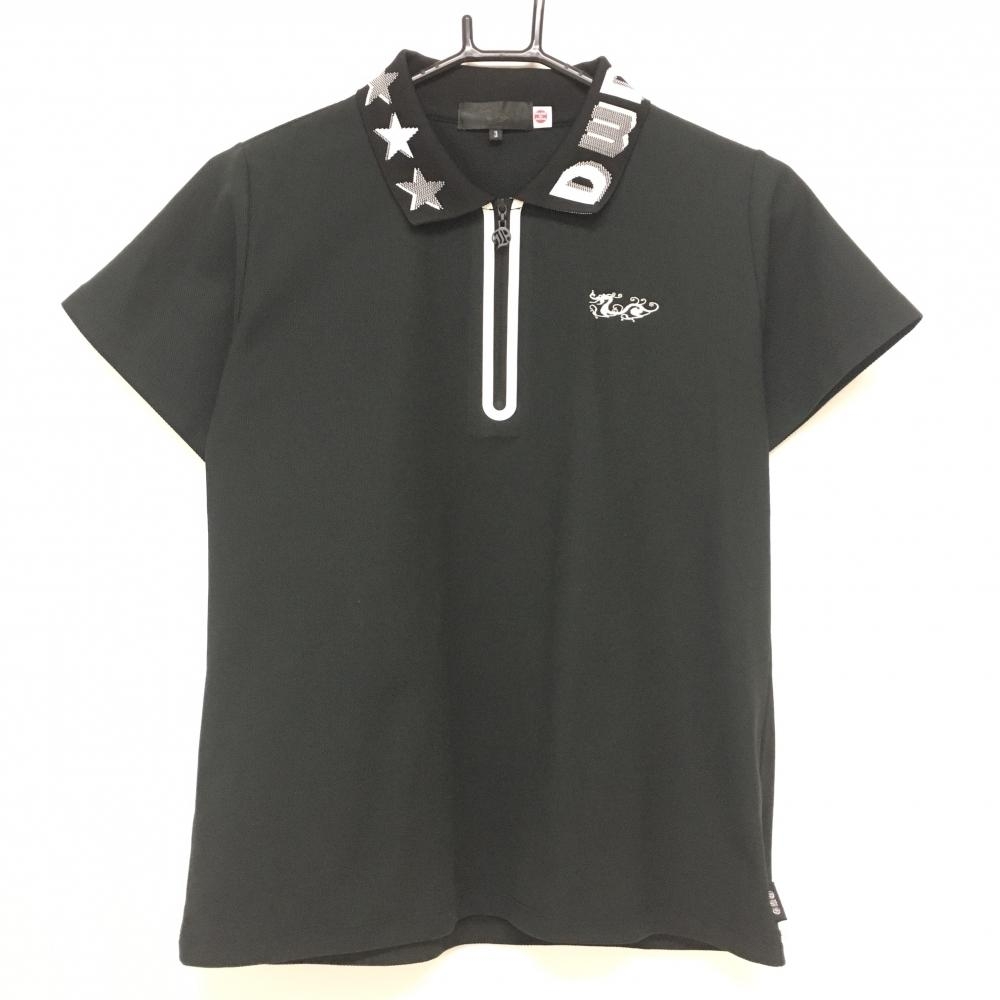 【美品】ダンスウィズドラゴン 半袖ポロシャツ 黒×白 ハーフジップ レディース 3(L) ゴルフウェア Dance With Dragon