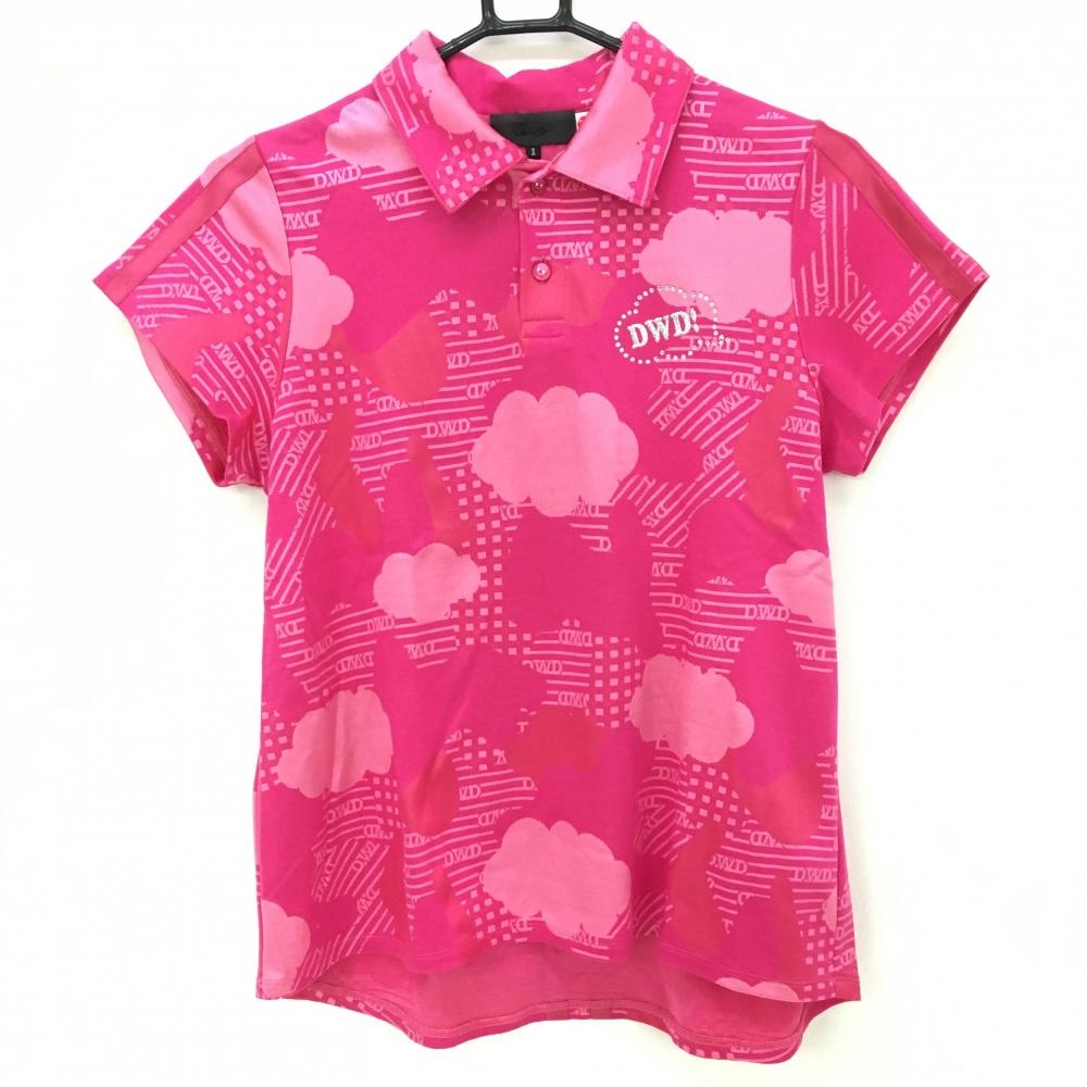 【美品】ダンスウィズドラゴン 半袖ポロシャツ ピンク 総柄 ラインストーン 背面2ライン レディース 2(M) ゴルフウェア Dance With Dragon