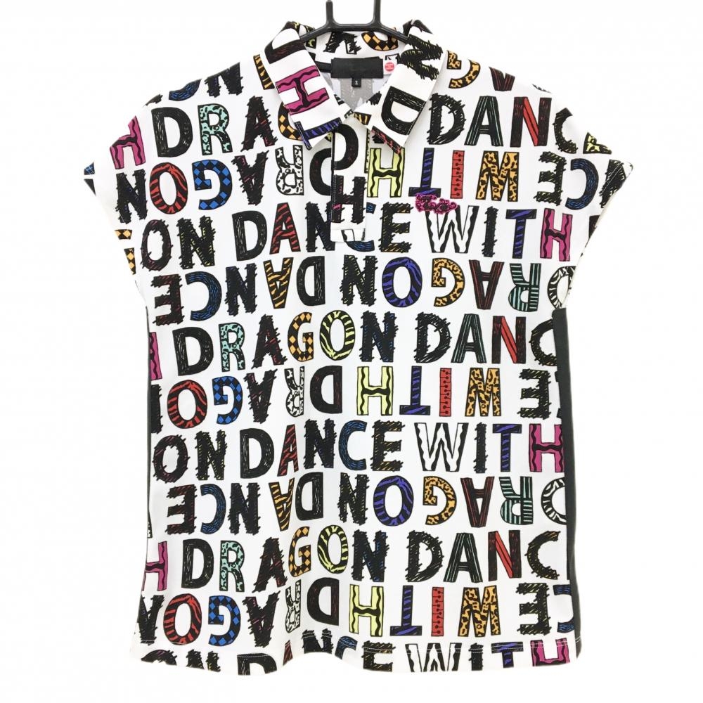 【美品】ダンスウィズドラゴン 半袖ポロシャツ 白×黒×マルチカラー ロゴ総柄  レディース 2(M) ゴルフウェア Dance With Dragon