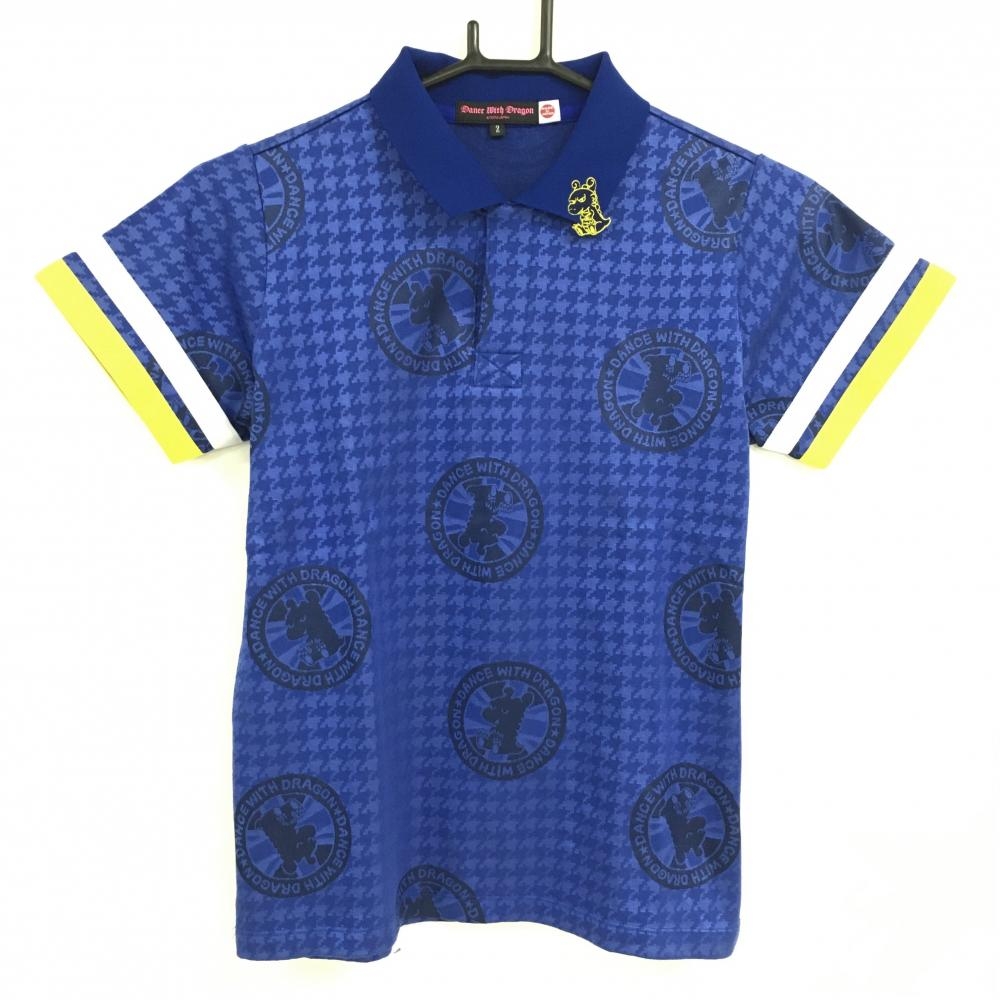 【超美品】ダンスウィズドラゴン 半袖ポロシャツ ブルー 千鳥格子 チビドラ レディース 2(M) ゴルフウェア Dance With Dragon