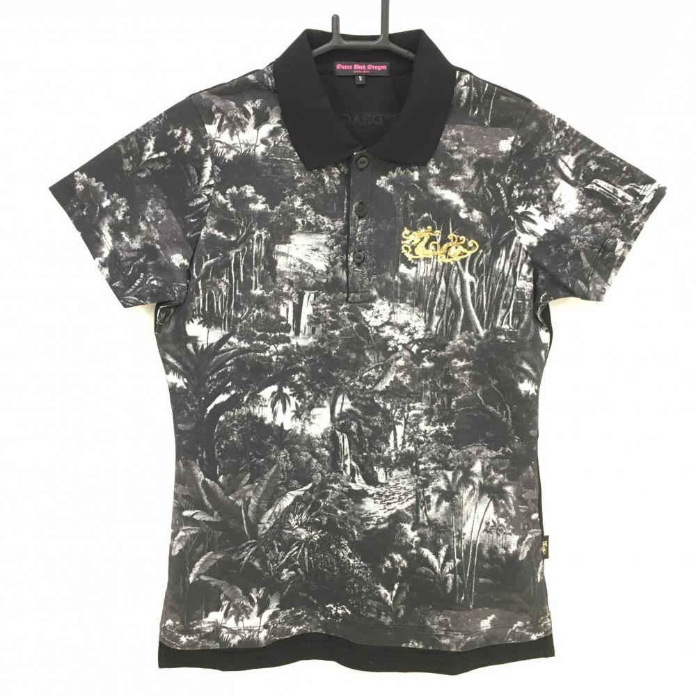 【超美品】ダンスウィズドラゴン 半袖ポロシャツ 黒×白 前面ランドスケープ柄  レディース 2(M) ゴルフウェア Dance With Dragon