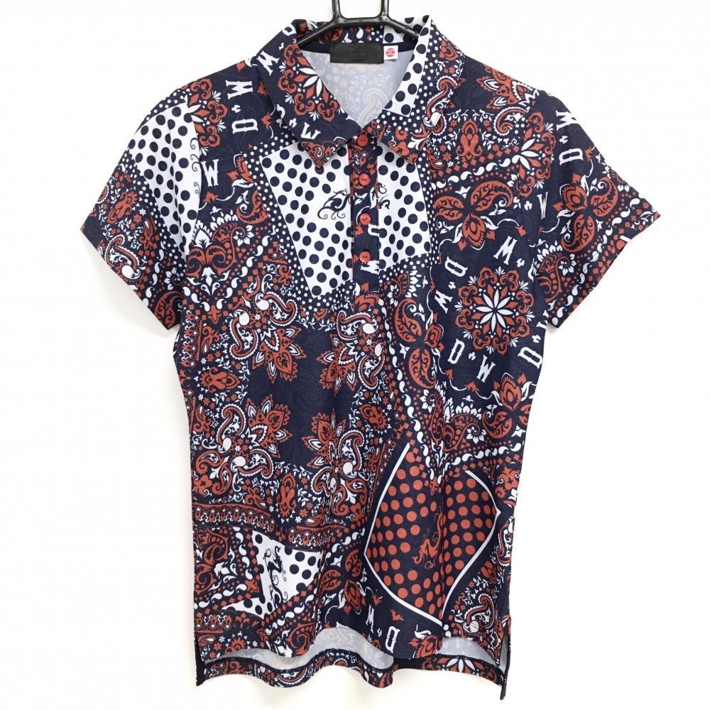 【超美品】ダンスウィズドラゴン 半袖ポロシャツ ネイビー×レッド×白 総柄  レディース 3(L) ゴルフウェア Dance With Dragon
