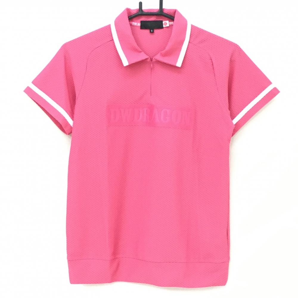 【超美品】ダンスウィズドラゴン 半袖ポロシャツ ピンク×白 凹凸生地 ハーフジップ レディース 2(M) ゴルフウェア Dance With Dragon