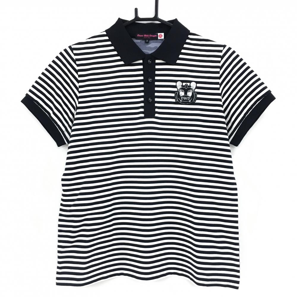 【超美品】ダンスウィズドラゴン 半袖ポロシャツ 白×黒 後ろブルー系 前身頃ボーダー  レディース 3(L) ゴルフウェア Dance With Dragon