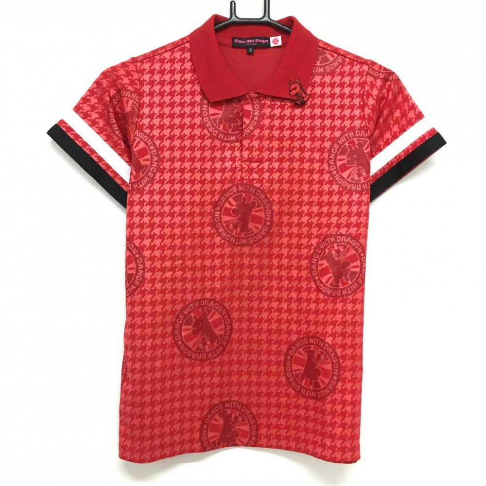 ダンスウィズドラゴン 半袖ポロシャツ レッド 千鳥格子 チビドラ総柄 袖ライン レディース 2(M) ゴルフウェア Dance With Dragon