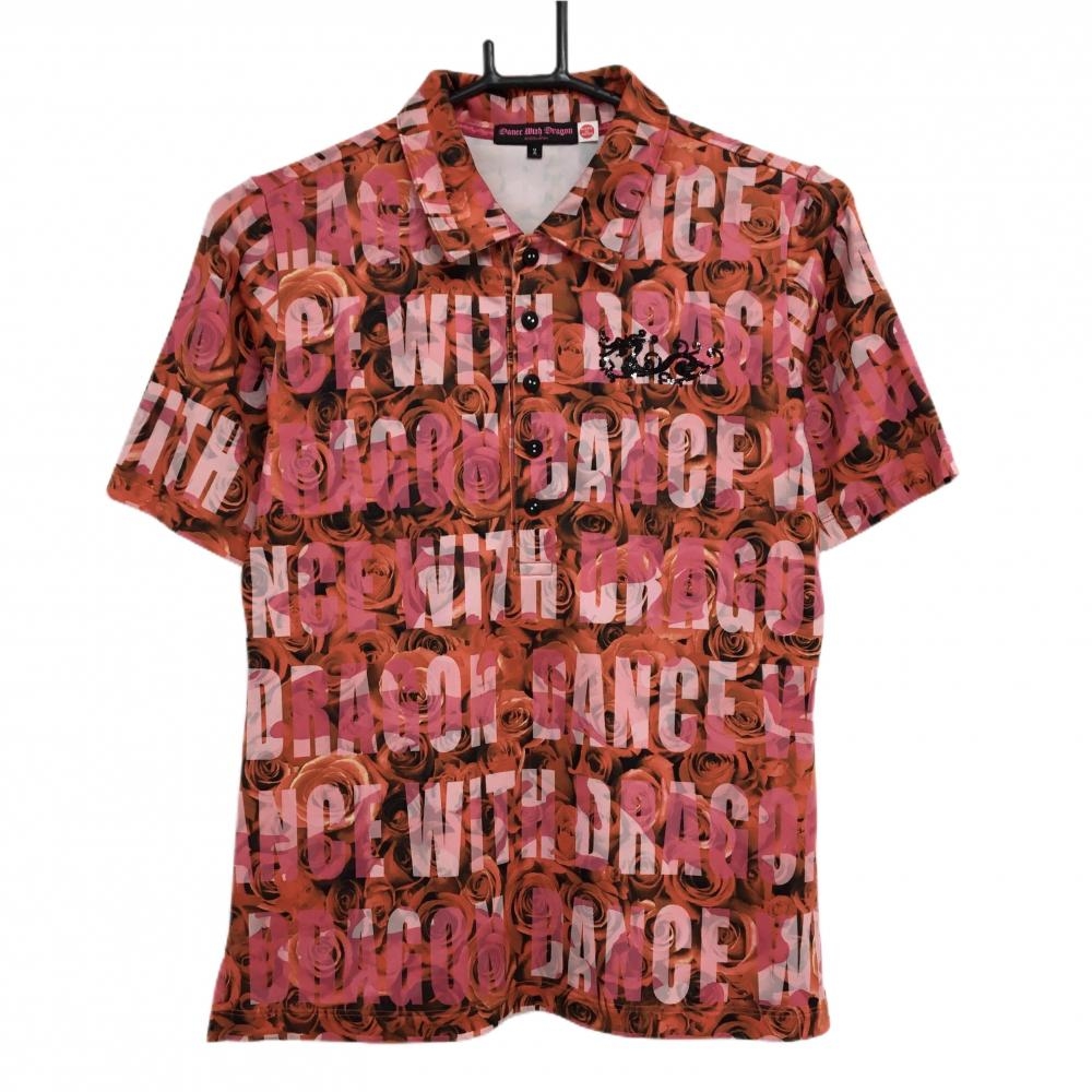 【超美品】ダンスウィズドラゴン 半袖ポロシャツ レッド系×ピンク系 総柄 花柄  レディース 2(M) ゴルフウェア Dance With Dragon